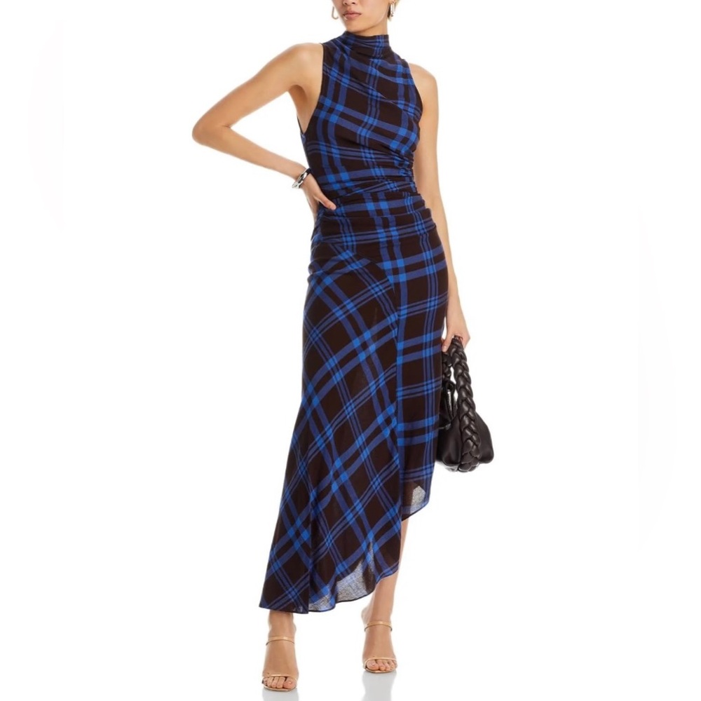 A.L.C. Iggy Dress Brown Royal Blue size 8 Sleeveless Asymmetrical Wool Viscose